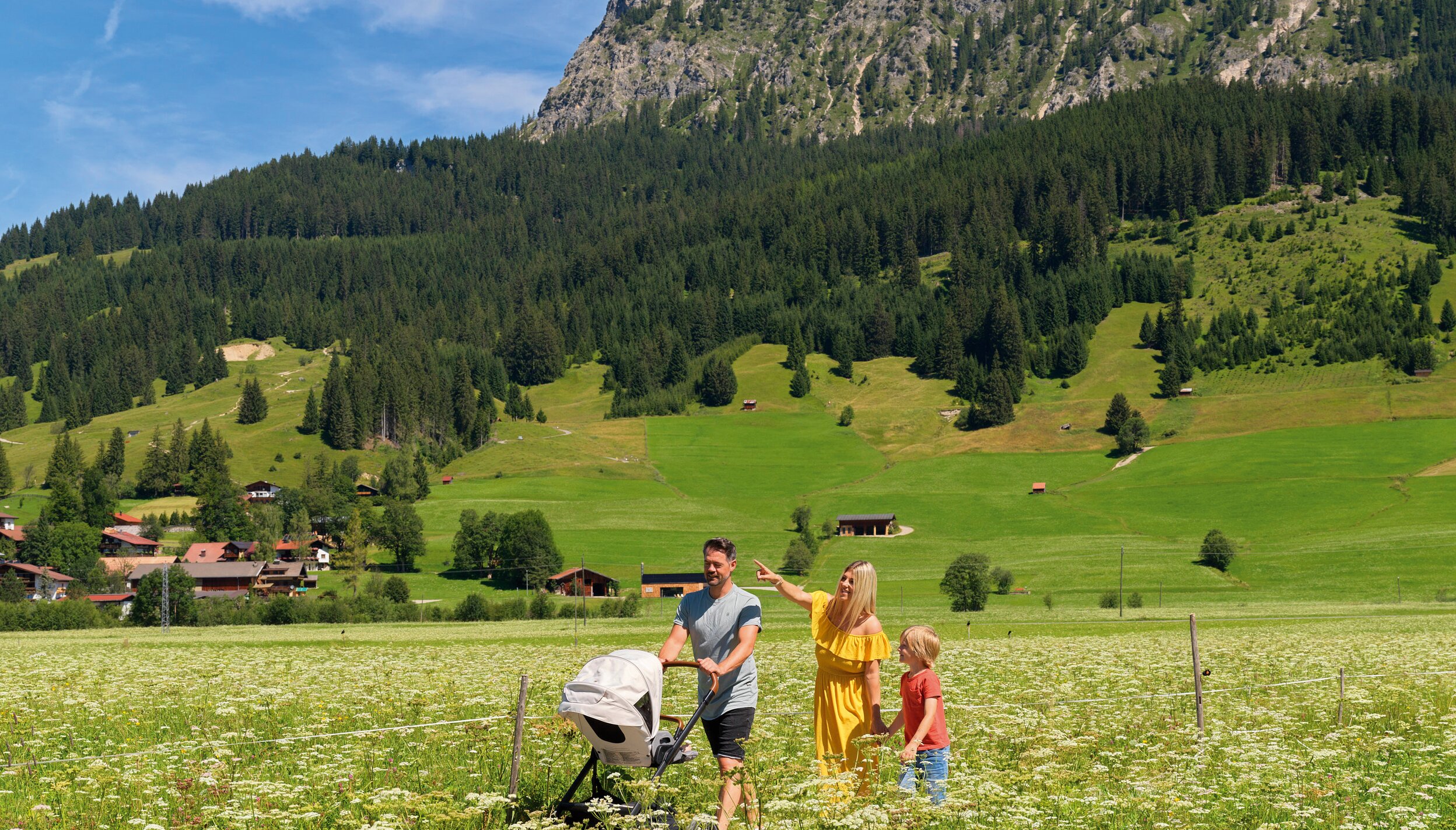Familie mit Kinderwagen auf Blumenwiese vor Berglandschaft