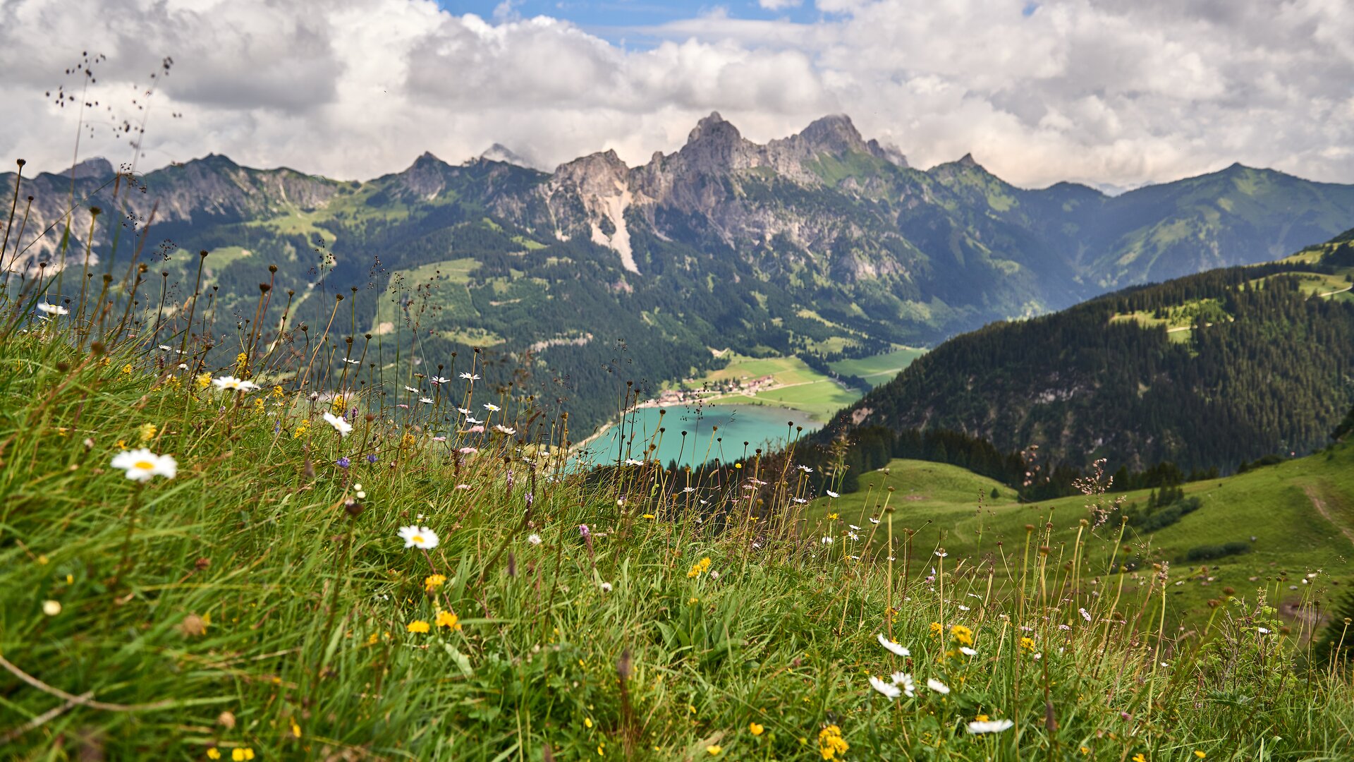 Haldensee mit Bergen und Wiese im Sommer vor Hotel Tyrol